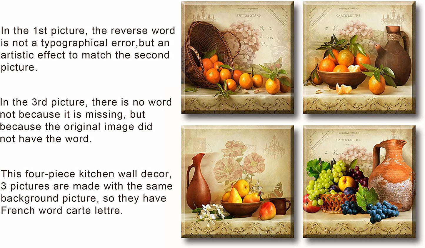 Kitchen Wall Decor Canvas Art for Dining Room Vintage Theme Fruit Pictures Farmhouse Rustic Signs Paintings Bar Accessories Realism Colorful Framed Decorations 4 Pcs/Set