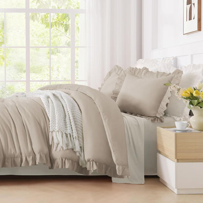 Wheat Ruffled Comforter King(104X90Inch), 3 Pieces(1 Ruffle Comforter and 2 Pillowcases) Vintage Ruffle Fringe Comforter, Farmhouse Rustic Microfiber down Alternative Bedding Comforter Set