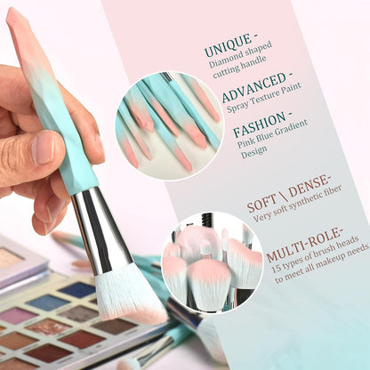 Pink Blue Gradient Makeup Brushes and Makeup Sponges Set 18Pcs/Set ，Soft Synthetic Fiber Makeup Brush Set，Suitable for Beginners/Makeup Artists, Valentine'S Day, Christmas Gifts