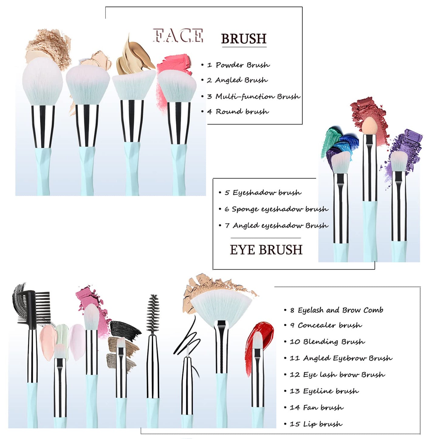 Pink Blue Gradient Makeup Brushes and Makeup Sponges Set 18Pcs/Set ，Soft Synthetic Fiber Makeup Brush Set，Suitable for Beginners/Makeup Artists, Valentine'S Day, Christmas Gifts
