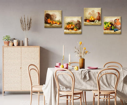 Kitchen Wall Decor Canvas Art for Dining Room Vintage Theme Fruit Pictures Farmhouse Rustic Signs Paintings Bar Accessories Realism Colorful Framed Decorations 4 Pcs/Set