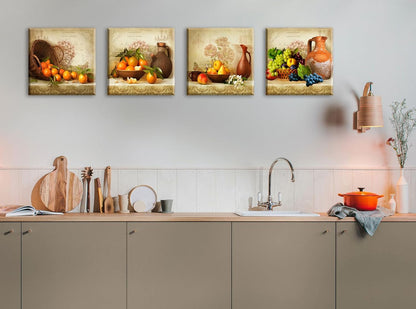 Kitchen Wall Decor Canvas Art for Dining Room Vintage Theme Fruit Pictures Farmhouse Rustic Signs Paintings Bar Accessories Realism Colorful Framed Decorations 4 Pcs/Set