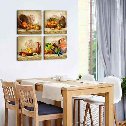 Kitchen Wall Decor Canvas Art for Dining Room Vintage Theme Fruit Pictures Farmhouse Rustic Signs Paintings Bar Accessories Realism Colorful Framed Decorations 4 Pcs/Set