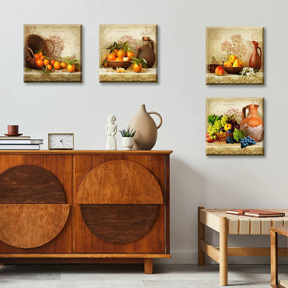 Kitchen Wall Decor Canvas Art for Dining Room Vintage Theme Fruit Pictures Farmhouse Rustic Signs Paintings Bar Accessories Realism Colorful Framed Decorations 4 Pcs/Set