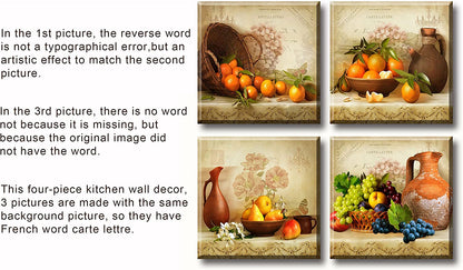 Kitchen Wall Decor Canvas Art for Dining Room Vintage Theme Fruit Pictures Farmhouse Rustic Signs Paintings Bar Accessories Realism Colorful Framed Decorations 4 Pcs/Set